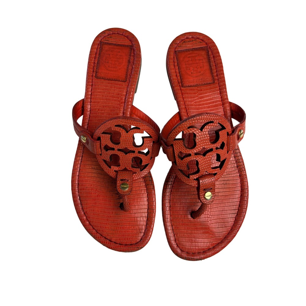 Tory Burch Miller Sandals CoralWomen 7.5 Lizard Embossed Leather Thong Logo